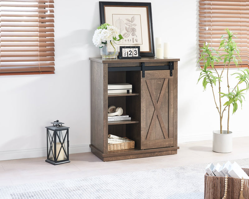 Armoire décorative Bristow de 31 po avec tablettes et porte de grange coulissante - chêne noyer