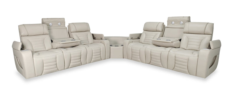 Sofa sectionnel à inclinaison électrique Zen 3 pièces en tissu d’apparence cuir avec massage et 2 consoles rabattables - abricot