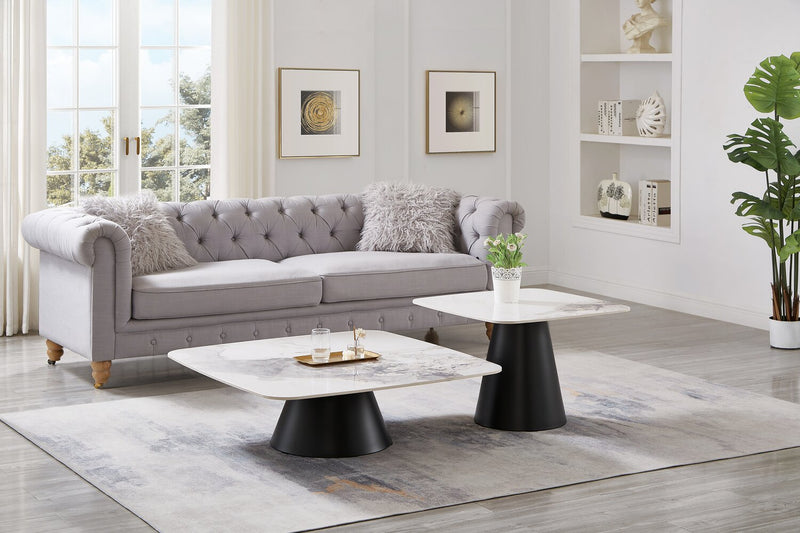 Ensemble table à café de 39,5 po et table de bout modernes Hazel avec dessus en pierre frittée blanche - noir et blanc