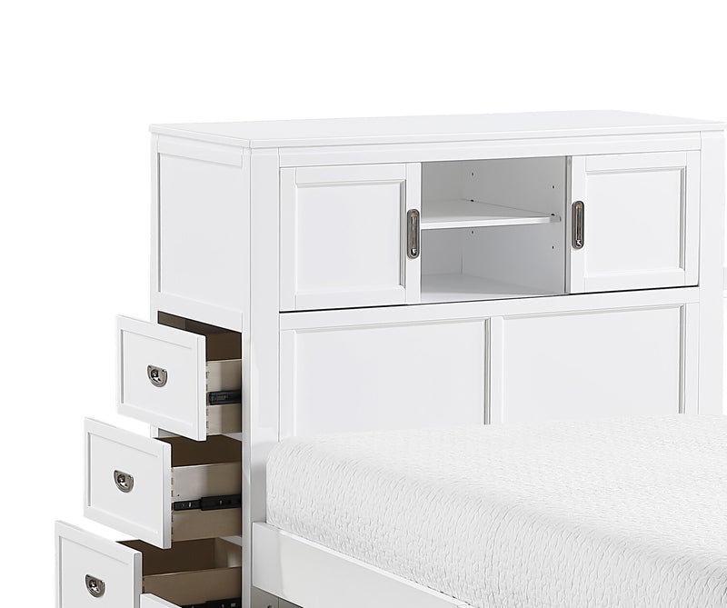 Lit plateforme Quinn avec tête de lit bibliothèque, bureau intégré et tabouret, blanc - format lit simple