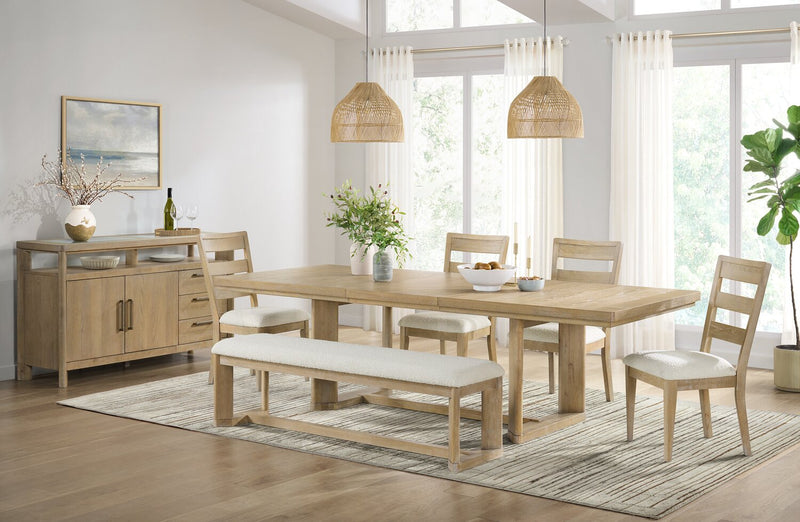 Ensemble de salle à manger Aspen 6 pièces avec table à rallonge, 80 po à 104 po, banc et 4 chaises en tissu - naturel