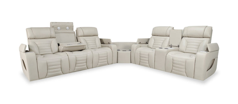 Sofa sectionnel à inclinaison électrique Zen 3 pièces en tissu d’apparence cuir avec massage, console rabattable et compartiment réfrigéré - abricot