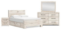Ensemble de chambre à coucher Derekson 6 pièces blanc rustique avec lit de rangement latéral, commode, miroir et table de nuit - format lit double
