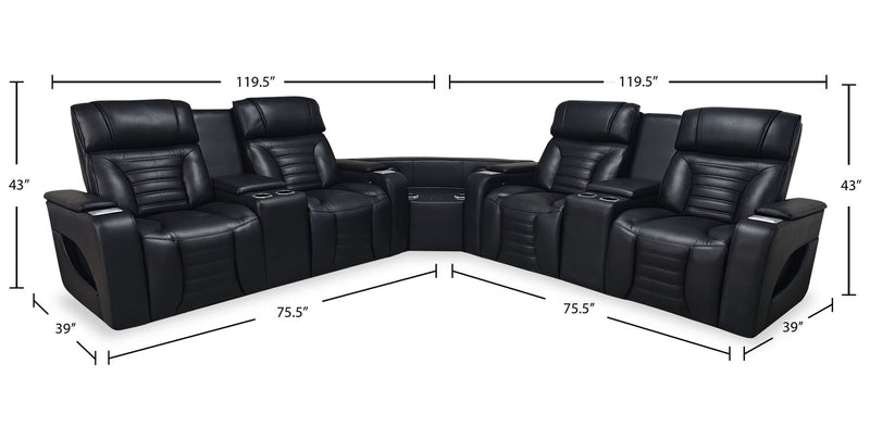 Sofa sectionnel à inclinaison électrique Zen 3 pièces en tissu d’apparence cuir avec massage et 2 consoles à compartiment réfrigéré - noir