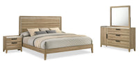  Ensemble de chambre à coucher Sable brun clair 6 pièces avec lit, commode, miroir et table de nuit - format très grand lit