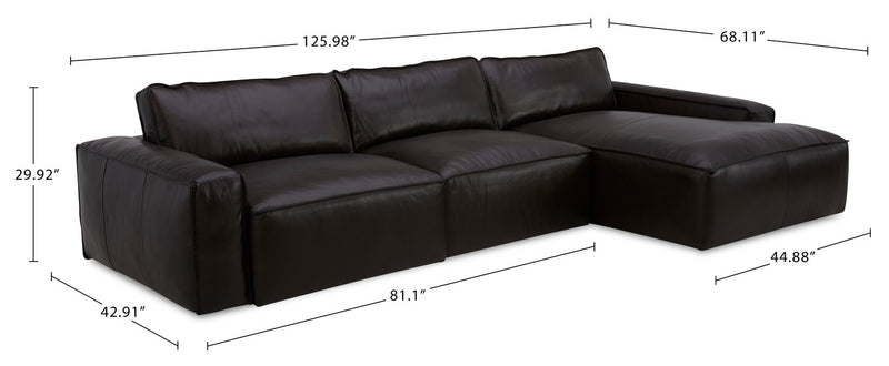 Sofa sectionnel modulaire de droite Sedona 3 pièces en cuir véritable - chocolat