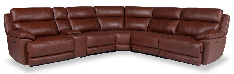 Sofa sectionnel à inclinaison électrique Sorrento 6 pièces en cuir véritable avec console de rangement et port USB - brun brique de Madrid