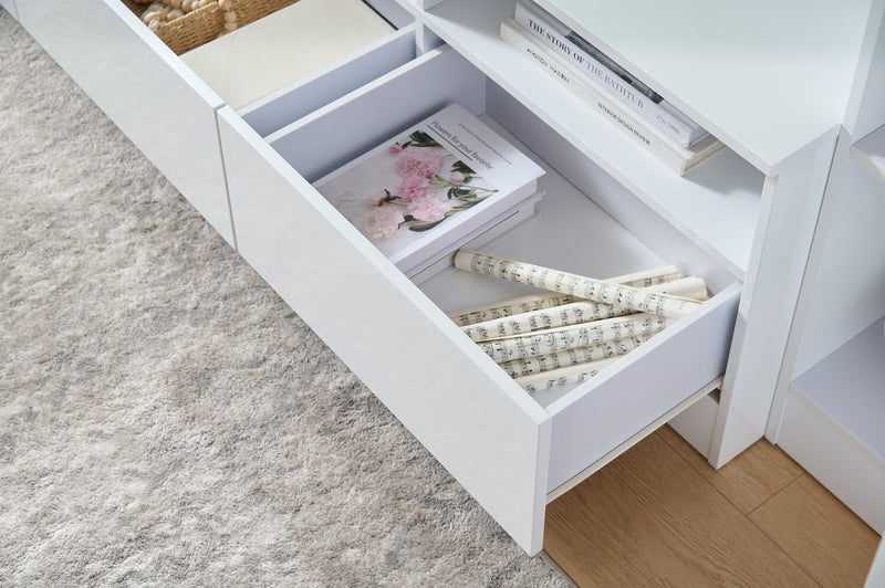 Meuble audio-vidéo Celine de 94.5 po 4 pièces avec rangement et système de gestion des câbles pour téléviseurs de jusqu’à 70 po - blanc