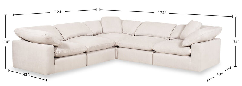 Sofa sectionnel modulaire Eclipse 5 pièces en tissu d’apparence lin avec coussins réversibles en duvet et plumes - blanc lin