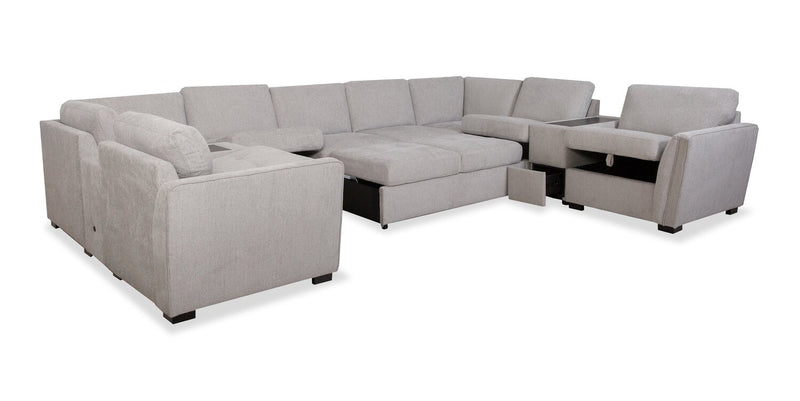 Sofa sectionnel Vault 9 pièces avec causeuse-lit, 4 fauteuils de rangement et console de rangement avec USB - gris