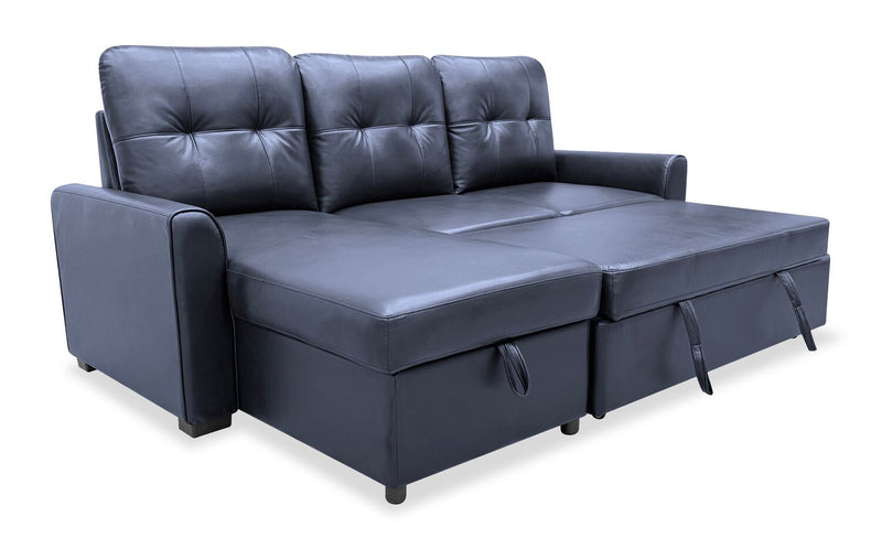 Sofa-lit sectionnel de gauche Carter 2 pièces en tissu d’apparence cuir avec fauteuil long de rangement - noir