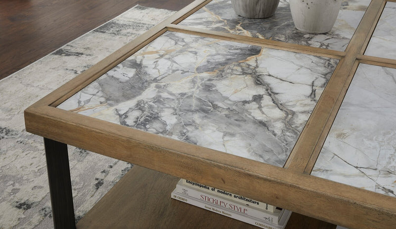 Table à café contemporaine Marina de 48 po avec carreaux en pierre, tablette et roulettes - naturelle