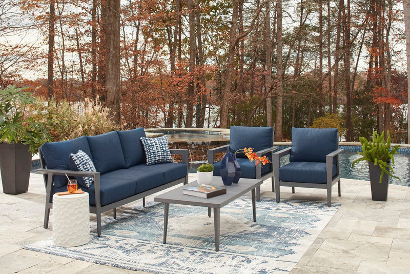 Ensemble Barrie 4 pièces pour la terrasse à l’extérieur avec sofa, 2 fauteuils et table - aluminium - bleu et gris
