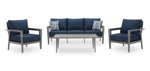 Ensemble Barrie 4 pièces pour la terrasse à l’extérieur avec sofa, 2 fauteuils et table - aluminium - bleu et gris