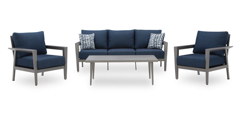 Ensemble Barrie 4 pièces pour la terrasse à l’extérieur avec sofa, 2 fauteuils et table - aluminium - bleu et gris