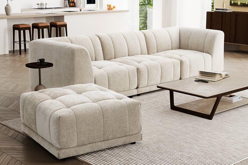 Sofa sectionnel modulaire Oaklyn Kort & Co. 4 pièces en tissu avec pouf et coussins de siège capitonnés - beige