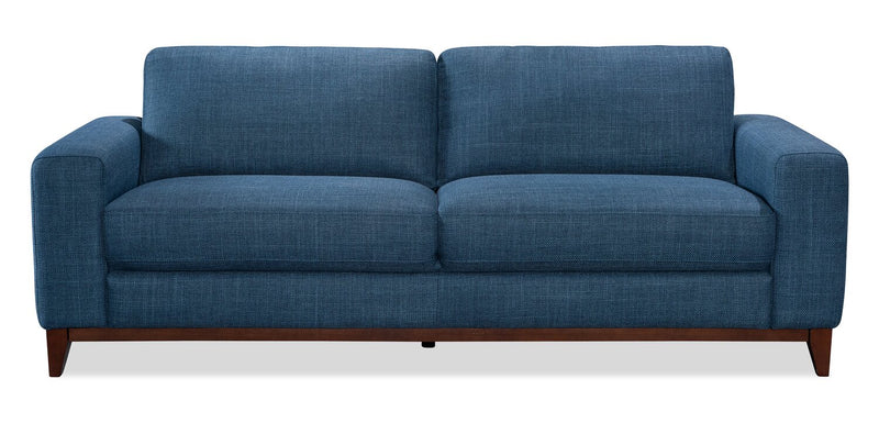 Sofa River de 87 po en tissu d’apparence lin avec base et pattes en bois - bleu