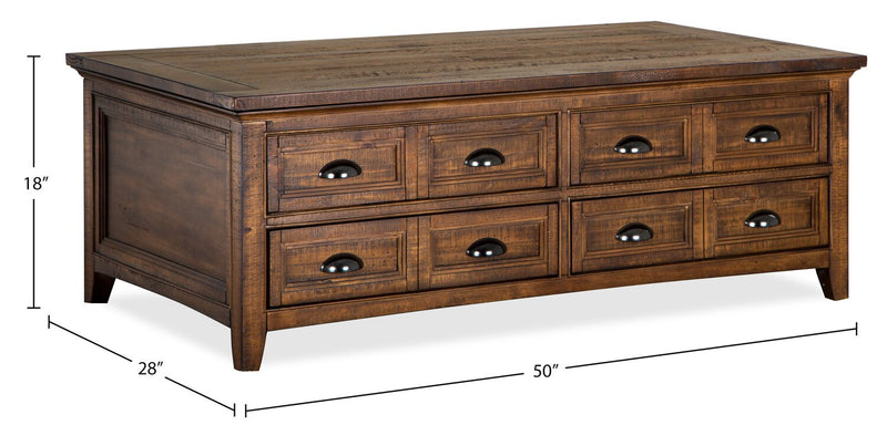 Table à café traditionnelle Hanson de 50 po en pin avec dessus relevable - muscade grillée