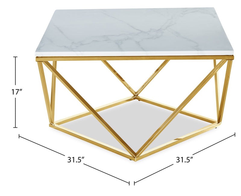 Table à café carrée moderne Amanda de 31,5 po - dessus en marbre blanc avec base en métal doré