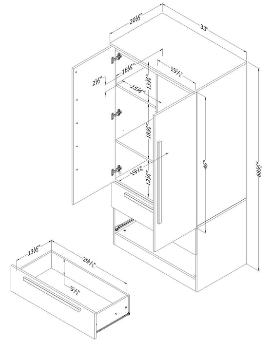 Commode verticale Alex de 33 po (L) x 68,5 po (H) à 2 tiroirs avec armoire de rangement pour la chambre à coucher - blanche
