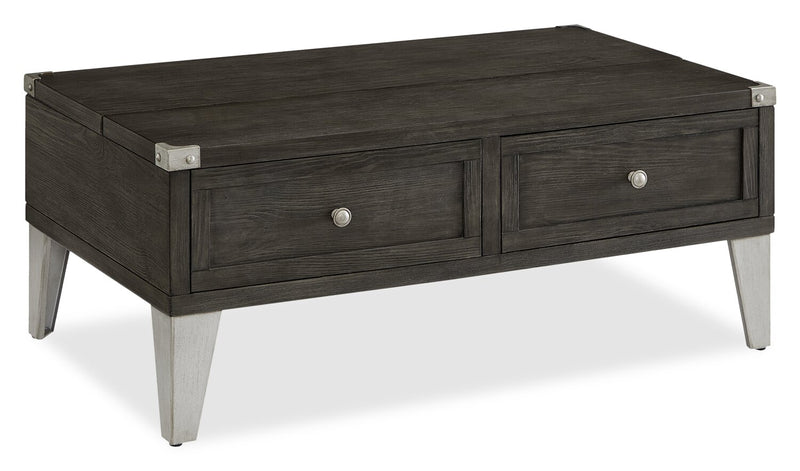 Table à café industrielle London de 42 po - fini en bois gris et pattes en métal argenté 