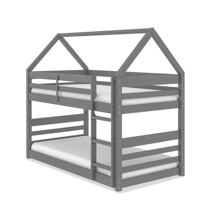 Lits simples superposés Gemma en forme de maison avec toit, échelle intégrée et garde-corps pour enfants - gris