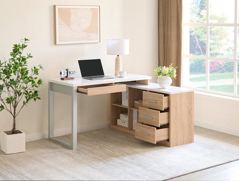 Bureau en coin réversible Owen de 55 po avec 4 tiroirs et compartiments - imitation de marbre blanc et blanc vieilli