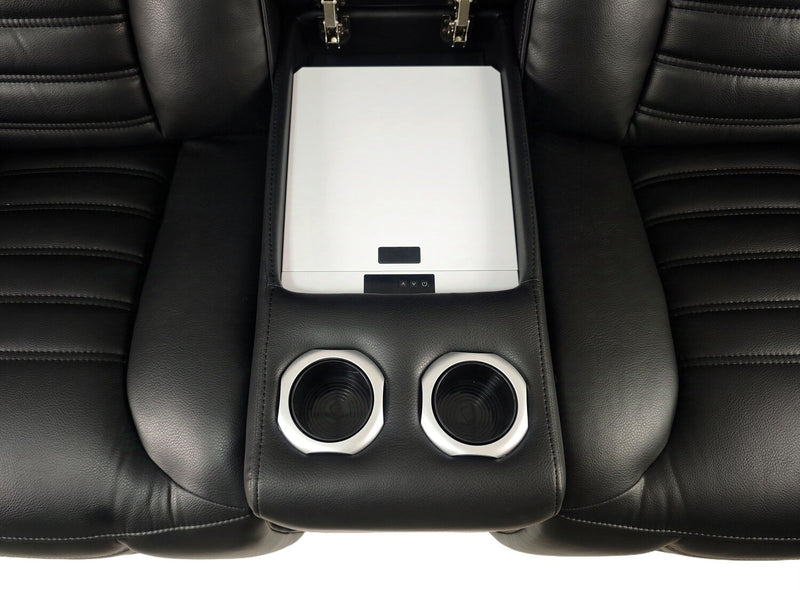 Sofa sectionnel à inclinaison électrique Zen 3 pièces en tissu d’apparence cuir avec massage et 2 consoles à compartiment réfrigéré - noir
