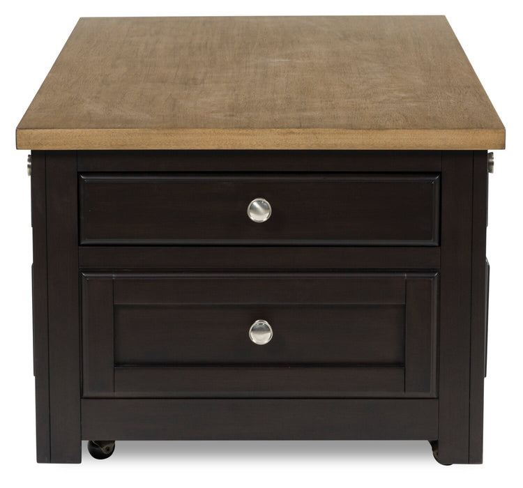 Table à café Wells de 46 po en bois massif avec dessus relevable, rangement et roulettes - deux teintes de brun