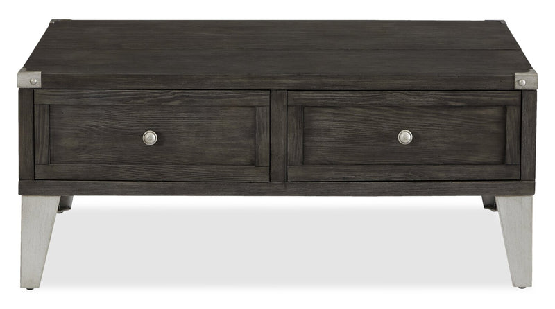 Table à café industrielle London de 42 po - fini en bois gris et pattes en métal argenté 