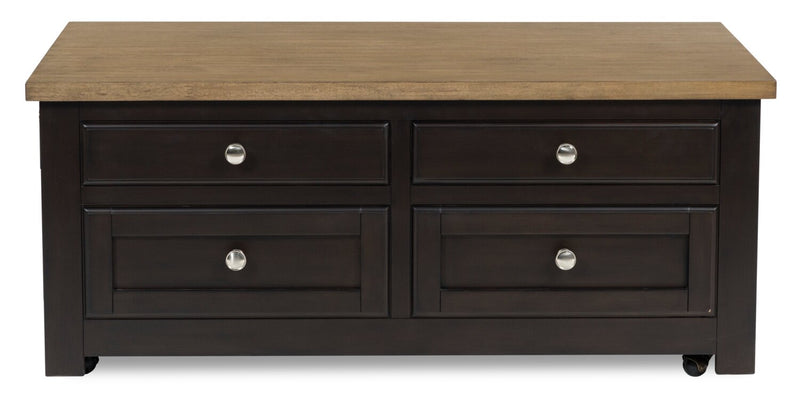 Table à café Wells de 46 po en bois massif avec dessus relevable, rangement et roulettes - deux teintes de brun