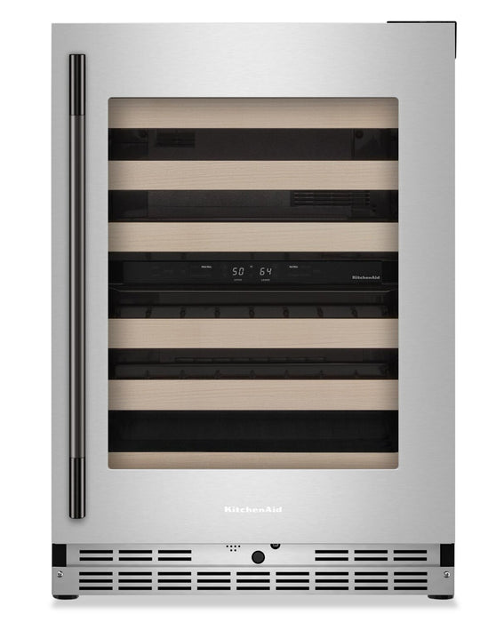 Cellier à vin KitchenAid de 24 po sous le comptoir avec grilles à extension complète à devant en bois - acier inoxydable -KUWR524SPS