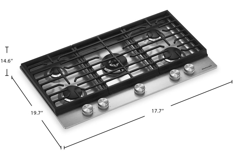 Surface de cuisson à gaz sur métal KitchenAid avec grille pour wok intégrée - acier inoxydable - KCGK536SSS