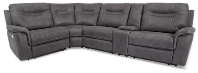 Floy 5-Piece Faux Suede Power Reclining Sectional with Power Headrests, Storage Console and USB Port - Grey | Sofa sectionnel à inclinaison électrique Floy 5 pièces en suédine avec appuie-têtes électriques, console de rangement et port USB - gris