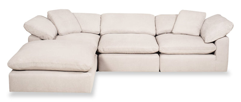 Sofa sectionnel modulaire Eclipse 4 pièces en tissu d’apparence lin avec pouf et coussins réversibles en duvet et plumes - blanc lin