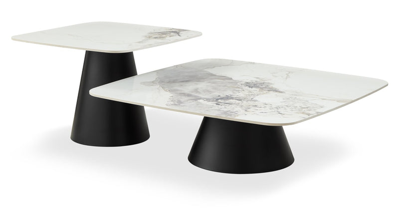 Ensemble table à café de 39,5 po et table de bout modernes Hazel avec dessus en pierre frittée blanche - noir et blanc