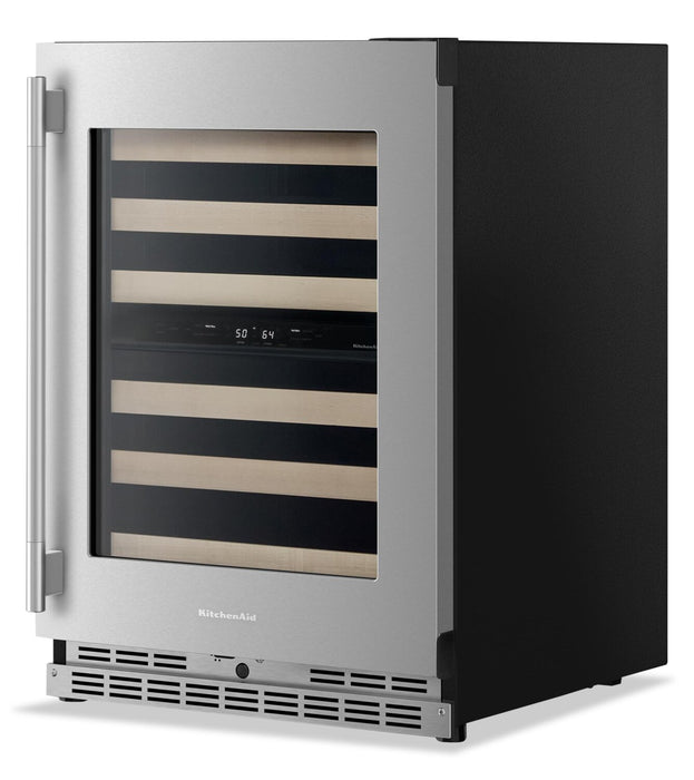 Cellier à vin KitchenAid de 24 po sous le comptoir avec grilles à extension complète à devant en bois - acier inoxydable -KUWR524SPS
