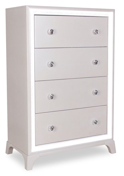 Commode verticale somptueuse Halo de 32 po (l) x 48 po (H) à 4 tiroirs avec éclairage à DEL pour la chambre à coucher - blanche