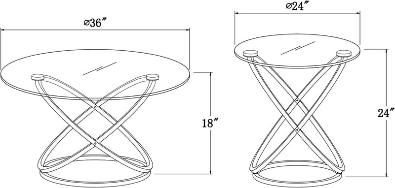 2 tables modernes Hendrix de 36 po (table à café et table de bout) avec dessus en verre - chromées avec base en métal