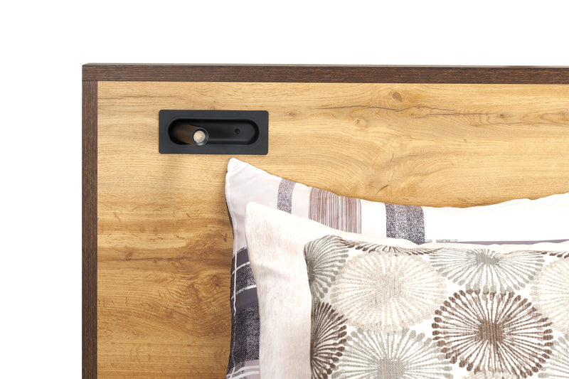 Lit plateforme Silas brun rustique avec tête de lit, cadre et éclairage à DEL - format grand lit