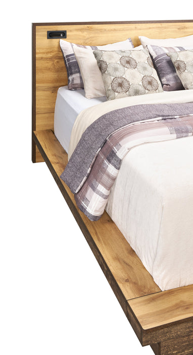 Lit plateforme Silas brun rustique avec tête de lit, cadre et éclairage à DEL - format grand lit