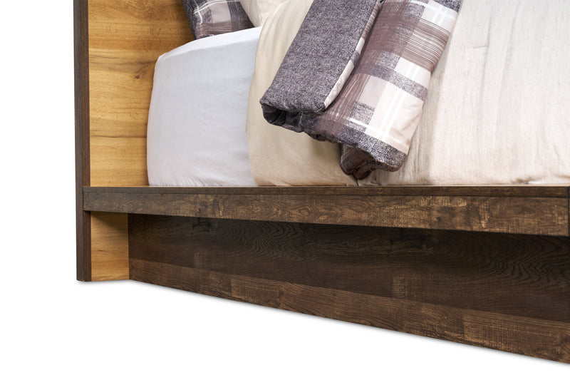Lit plateforme Silas brun rustique avec tête de lit, cadre et éclairage à DEL - format grand lit
