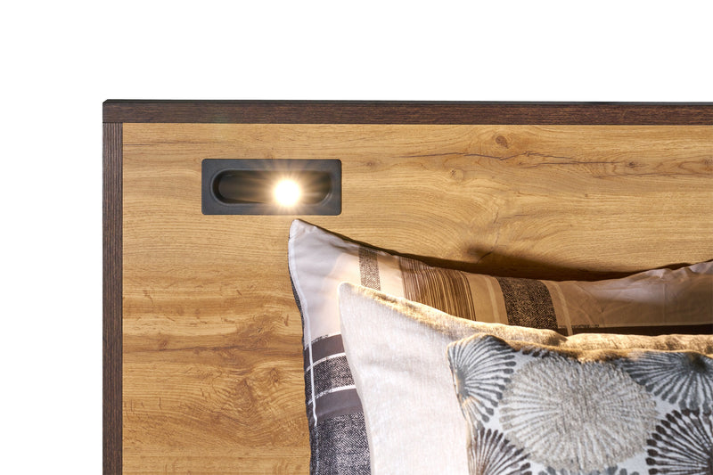 Lit plateforme Silas brun rustique avec tête de lit, cadre et éclairage à DEL - format grand lit