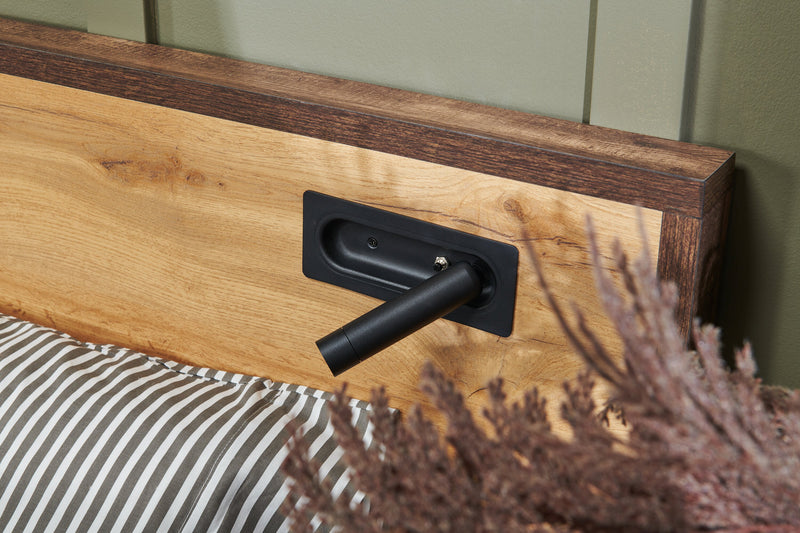 Lit plateforme Silas brun rustique avec tête de lit, cadre et éclairage à DEL - format grand lit