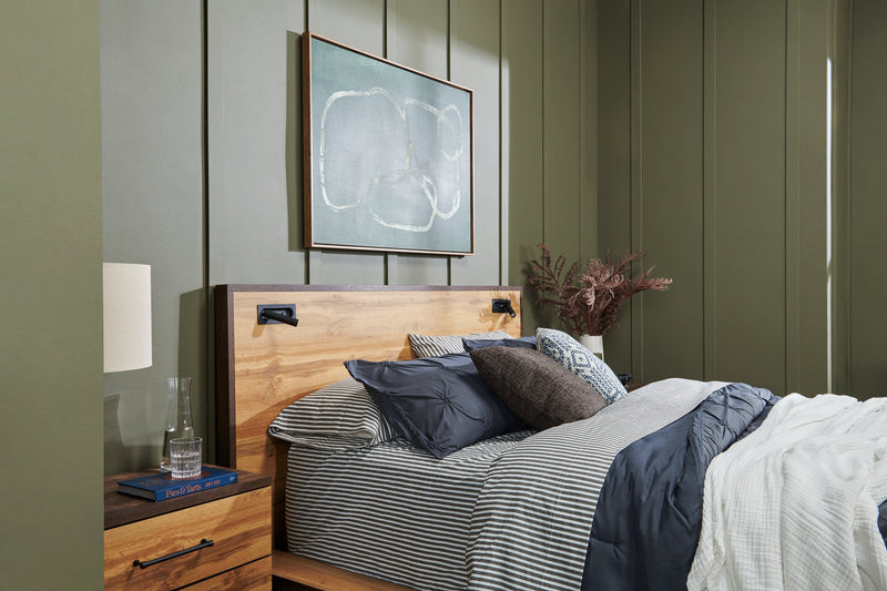 Lit plateforme Silas brun rustique avec tête de lit, cadre et éclairage à DEL - format grand lit