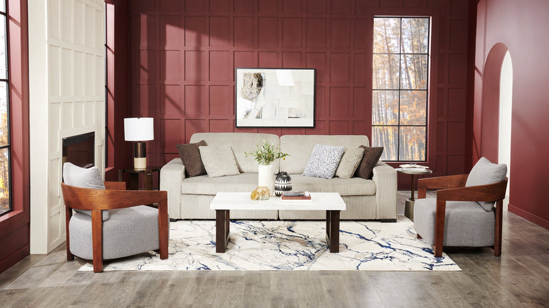 Table à café moderne Silvia de 48 po - imitation de marbre blanc et gris avec pattes en bois brun