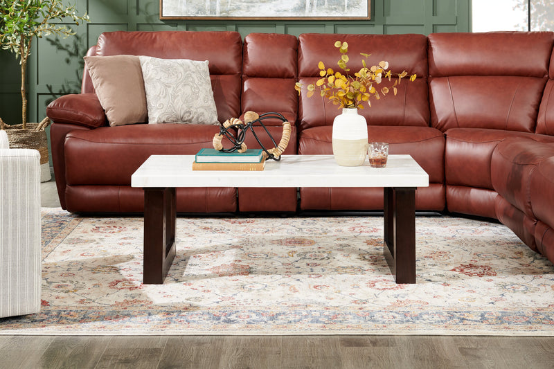 Table à café moderne Silvia de 48 po - imitation de marbre blanc et gris avec pattes en bois brun