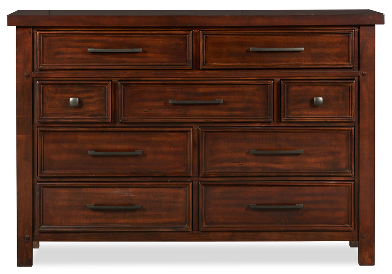 Ensemble de chambre à coucher Sonoma 5 pièces avec lit de rangement des 2 côtés, commode, miroir et table de nuit, brun manguier - format lit double