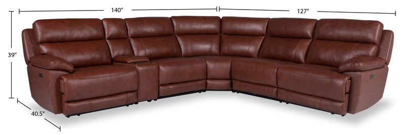 Sofa sectionnel à inclinaison électrique Sorrento 6 pièces en cuir véritable avec console de rangement et port USB - brun brique de Madrid