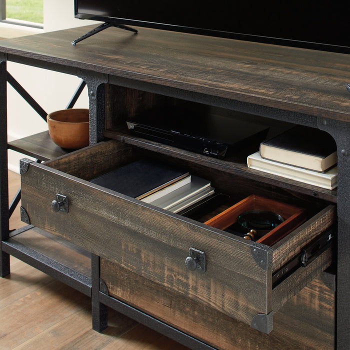 Grand bahut Steel River de 66,06 po de qualité commerciale à 2 tiroirs et tablettes ouvertes - chêne carbone